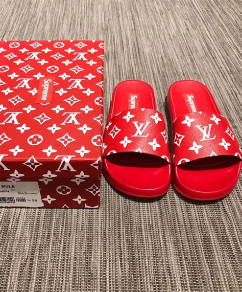 red lv supreme slides|supreme louis vuitton slippers.